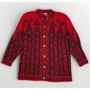 DALE OF NORWAY Fair Isle Vintage Wool Knit Long Cardigan Sweater Size M Red Blk